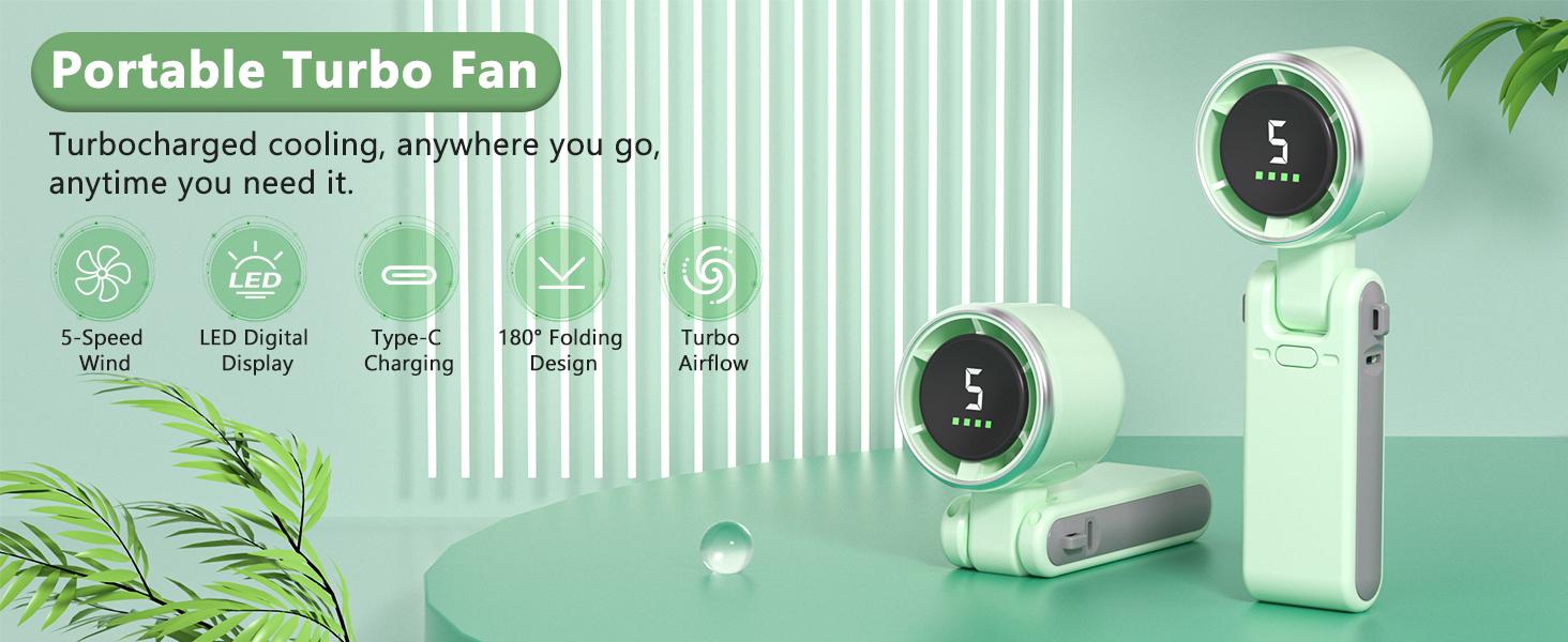 Portable Handheld Turbo Fan,5 Gear Wind, Battery Operated,3 IN 1 Hand Fan for Travel/Camping/Outdoor (Ideal Gift for Women & Men)
