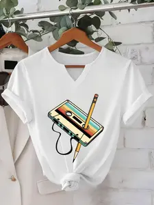 Women's V Neck Short Sleeve T-Shirt, Casual, Pattern Print, Small Open Collar Design, Breathable Comfort, Suitable for Spring Summer