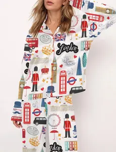 London England Satin Pajama Set Sleepwear Loungewear Comfy