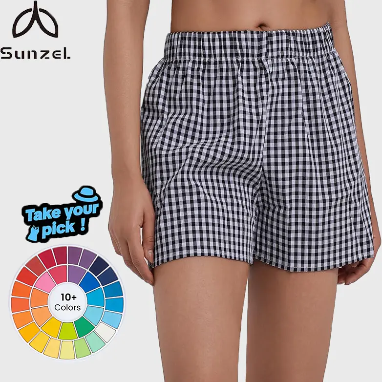 Sunzel Women’s gingham plaid boxer shorts, 3″ inseam — elastic waistband, loose fit lounge shorts, Y2K summer beach casual bottoms