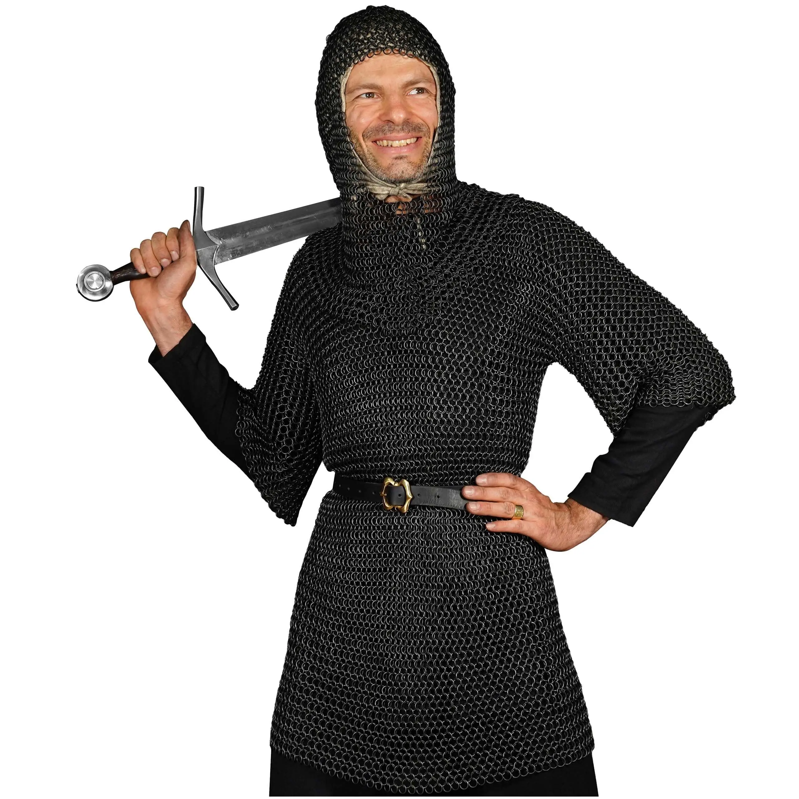 16-Gauge Steel Chainmail Shirt with Coif, Stylish Men's 4-in-1 Butted Ring Medieval Armor for LARP, Cosplay & SCA, Menswear
