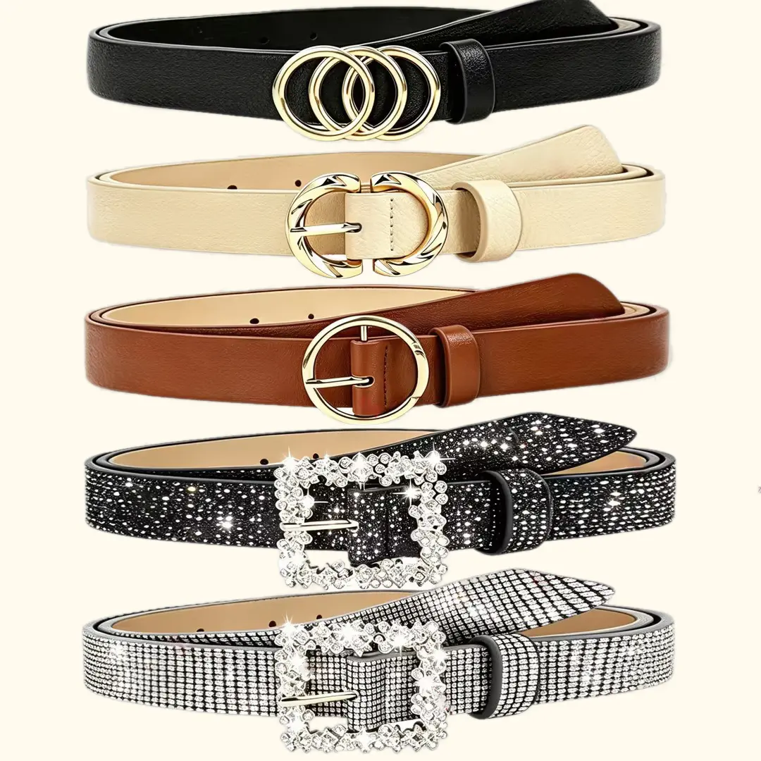 SHIFFRINKEN Women's 5-Pack Classic Solid & Sparkly Rhinestone PU Leather Waist Belts, Gold Multi Buckles (Double Ring, Round Frame Buckle), Adjustable Versatile for Jeans & Dresses, Multi Colors for Most Waist Sizes, Waist Belt