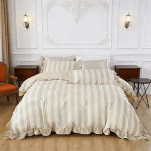 Striped Ruffle Design Bedding Set, 3 Piece Includes Duvet Cover + 2 Pillowcases, Ultra Soft Cloudy Touch, Suitable for All Seasons, Soft Bedding Sets