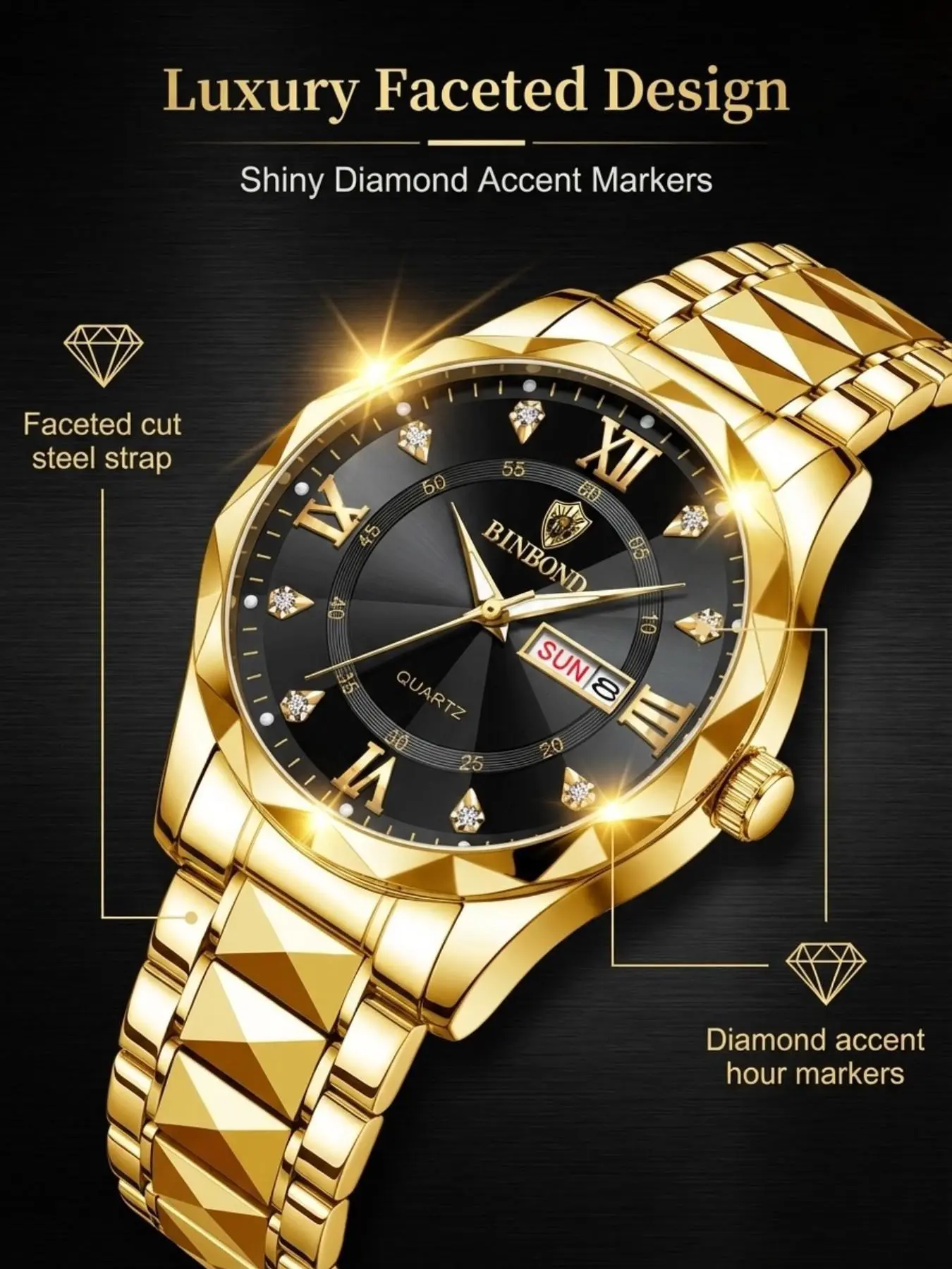 Binbond Business Men's Quartz Watch, Waterproof Wristwatch, Dial, Diamond Roman Numerals, Dual Calendar, Waterproof Steel Band, Luxury Gift, Quartz Analog Wristwatch