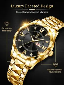 Binbond Business Men's Quartz Watch, Waterproof Wristwatch, Dial, Diamond Roman Numerals, Dual Calendar, Waterproof Steel Band, Luxury Gift, Quartz Analog Wristwatch