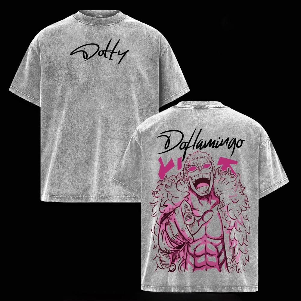 Doflamingo Retro Washed Oversized T-Shirt, Anime Retro Washed Acid Washed Heavyweight Pure Cotton Oversized Printed T-Shirt, Anime Streetwear, Retro Unisex Soft Pure Cotton Clothing