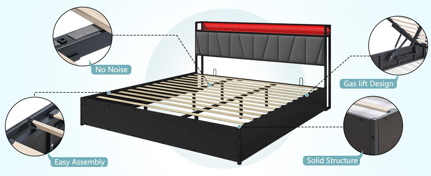 AMERLIFE 3 Pieces Farmhouse Bedroom Set, Includes Full/Queen/King Size Lift Up Storage Bed Frame with LED Lights and Linen Upholstered Headboard, Nightstand Set of 2 with Charging Station