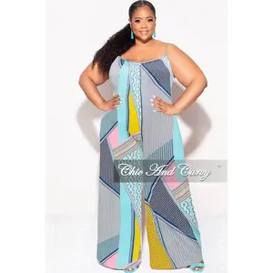 Final Sale Plus Size Spaghetti Straps Jumpsuit in Yellow, Pink & Aqua Multi-Color Print