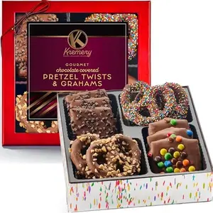 KREMERY Creamy Chocolate Cravings - Thanksgiving Chocolate Covered Pretzel Twists & Grahams Cookies Gift Basket, in Brown Gift Box (12 Count, Assorted Sweet Toppings) Holiday Christmas
