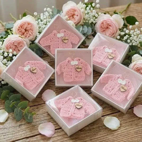 Set of 12 Personalized Pink Crochet Mini Jacket Party Favor & Party Gift Boxes - With Custom Wood Heart Charm For Baby Shower & Baptism
