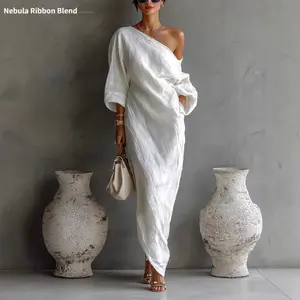 Spring and summer new fashion high-end women's long-sleeve off-shoulder mid-waist pullover dress