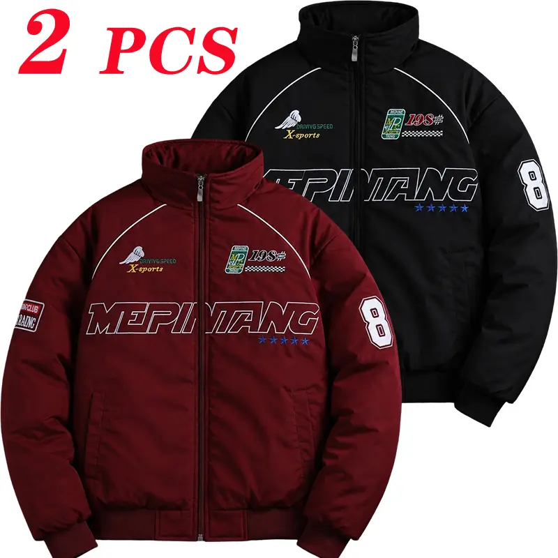 Men’s thickened baseball jacket with letter embroidery and a racing-inspired design, windproof stand collar zip-up winter outerwear, lightweight and warm casual top, trendy Y2K street-style jacket, suitable for travel, browsing, and everyday wear.