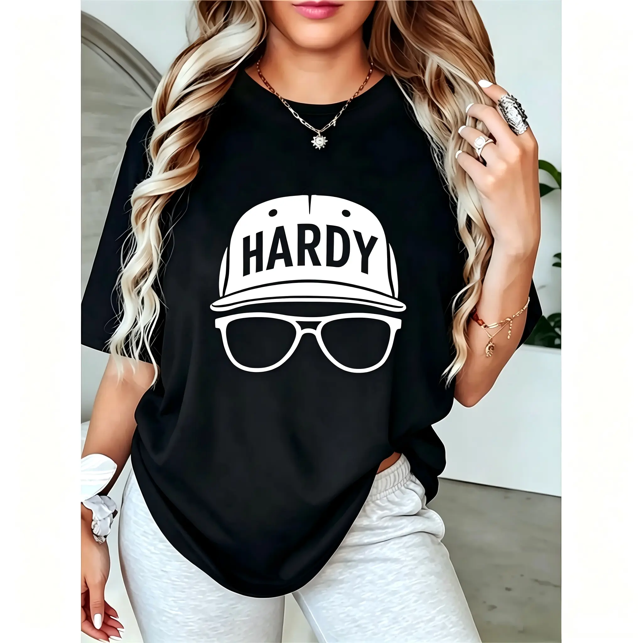 Women's Black HARDY Cap & Sunglasses Graphic T-Shirt, Casual Short Sleeve Tee for Daily Wear, Concerts, Trendy Country Music Fan Outfit, Prints, Basic, Comfortable, Shortsleeve, Cotton, Round Neck, Tops, Feminine, Essential, Graphic Print