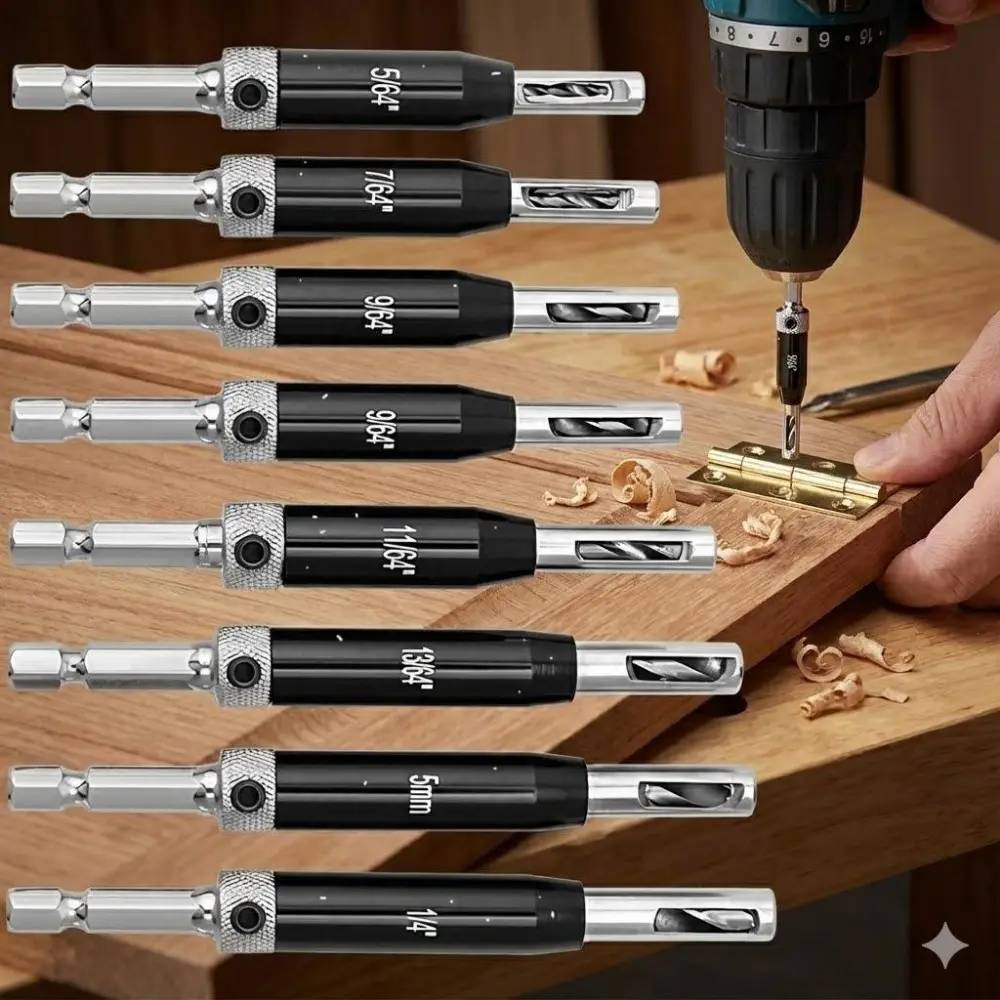 Self-Centering Lock Hinge Drill Bit Set, High-Precision Stainless Steel Guide, Durable Carbide Drill Bits, Multi-Function Wood & Metal Boring Tools, Heavy-Duty Precision Gear for DIY Renovation, Power Tools