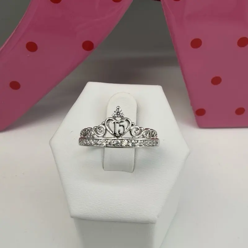 (R30) Silver Quinceañera Tiara Ring for Women with Elegant Design and Sparkling Stones Perfect for Special Occasions