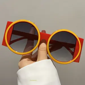 OvalletOoh Statement Two-Tone Round Sunglasses, Red Yellow Frame, Trendy Gradient Lenses for Men & Women