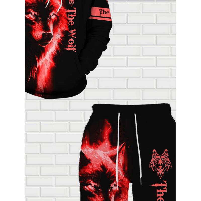 Blue Wolf Pattern Men's Spring Autumn Long Sleeve Casual Sweatshirt Set Hooded 100% Polyester Fiber Regular Fit Digital Printing