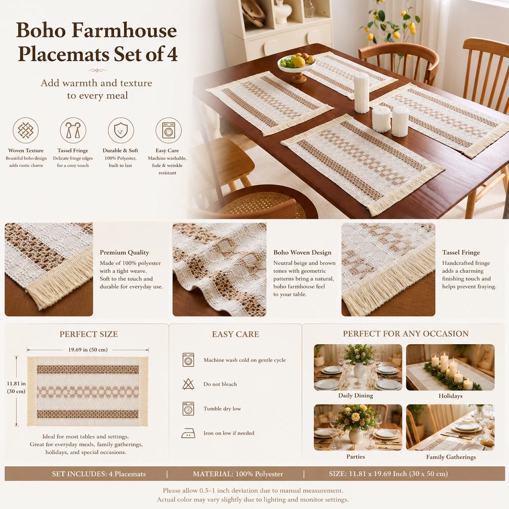 Boho Placemats Set of 4/6, 100% Polyester Woven Farmhouse Table Mats 11.81 x 19.69 Inch, Beige Brown Rustic Dining Placemats with Fringe Tassels for Kitchen, Dining Room, Party, Holiday Decor