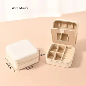 1pc Single Layer Square Storage Box Ladies Travel Leather Jewelry Box Classic Various Colors Storage Box with Mirror