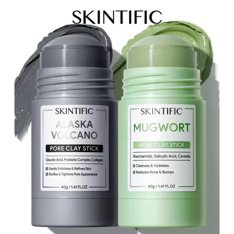 SKINTIFIC Two-piece Clay Stick Set Mugwort soothing, volcanic deep cleansing and brightening variants, oil control deep pore cleaning without drying skin