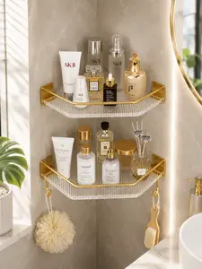 No-Drill Gold Triangular Shower Caddy, 2-Layer Acrylic Corner Shelf, Rust-Resistant Self-Adhesive Storage Rack, Space-Saving Shower Organizer & Bathroom Organizer for Small Spaces