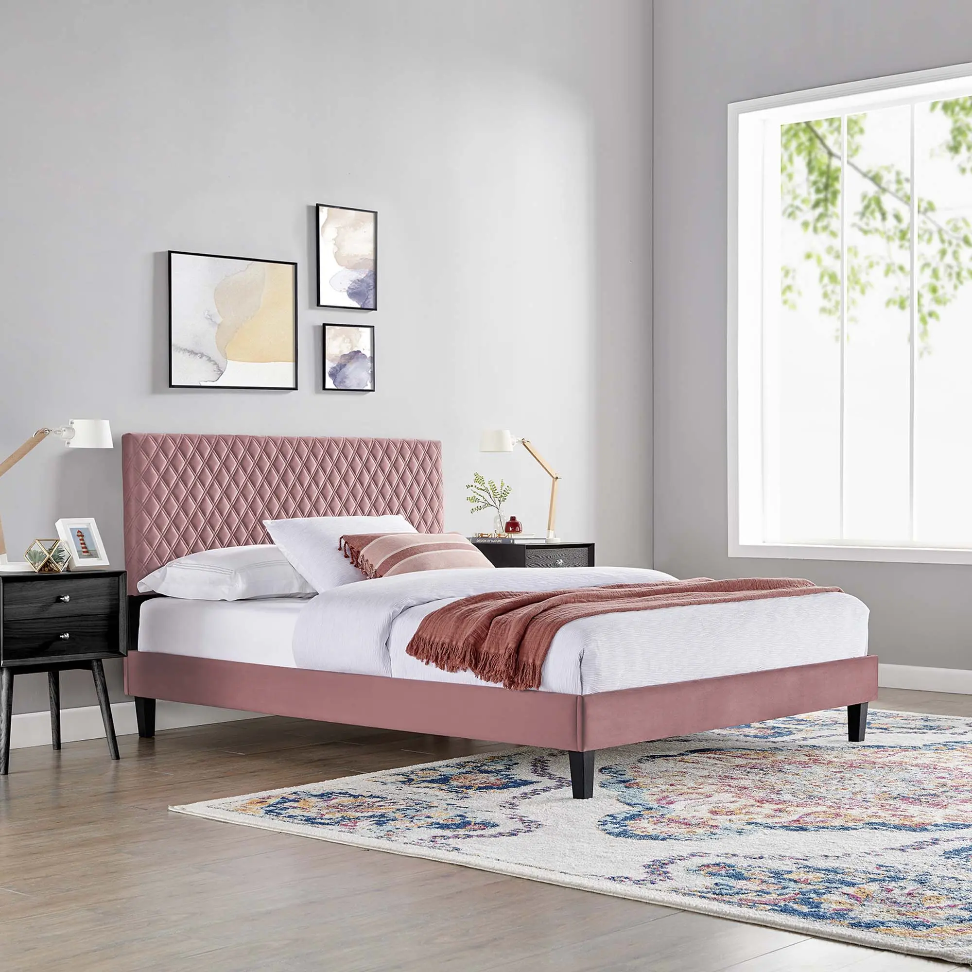 Modway Garcelle Performance Velvet King Platform Bed in Dusty Rose