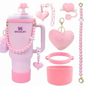 Cute Heart Accessories Set for Stanley 30/40 oz Tumbler Including Straw Toppers, Silicone Cup Boot, Keychain Charms( No Tumbler)