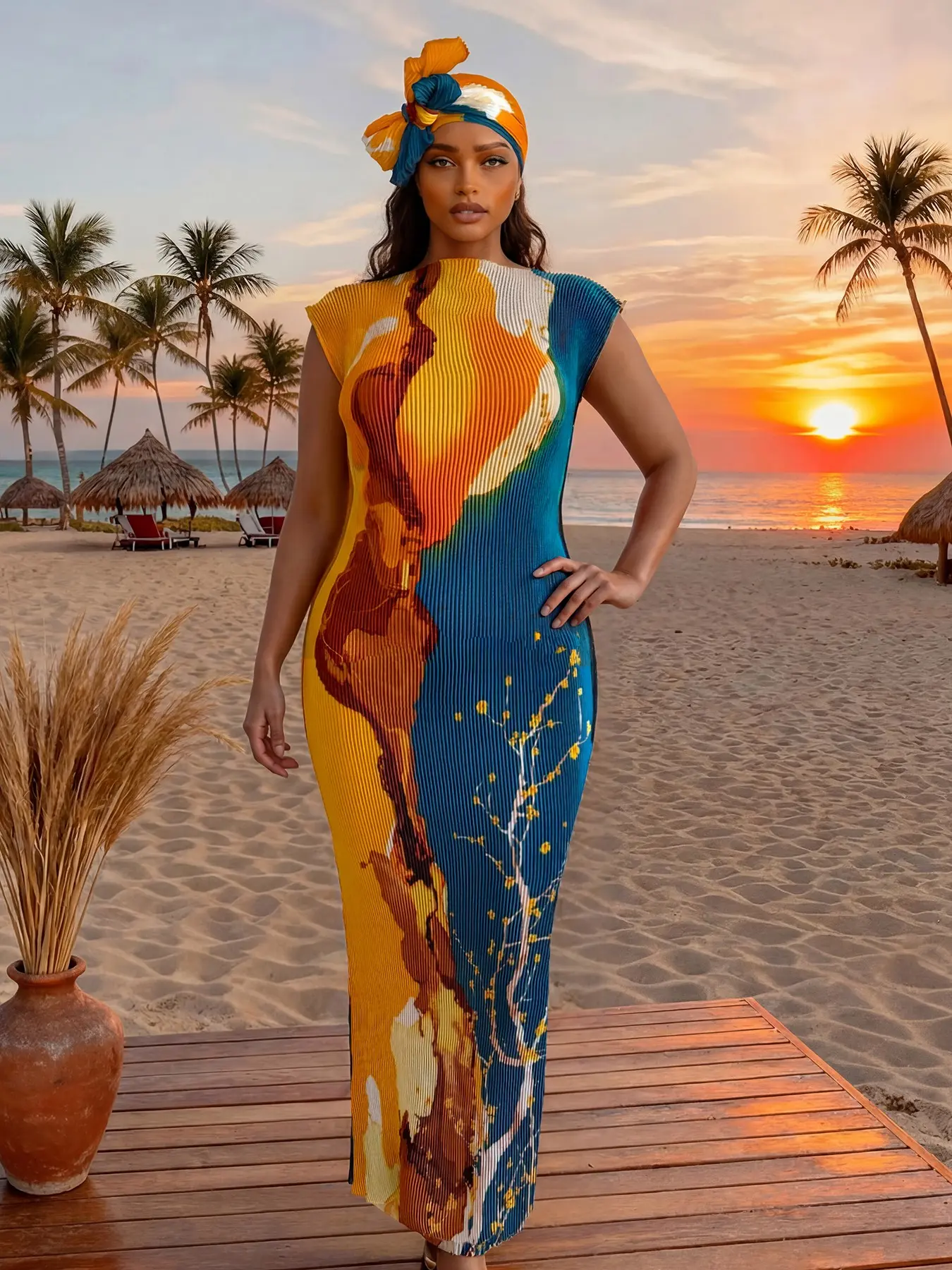 Women's Colorblock Print Long Scarf & Poncho Set, Casual Soft Comfortable Shawl for Beach Vacation, Fashion Accessories for Women & Girls, Swimwear Cover Up, Swimwear Coverups, Swimsuit Coverup, Beachwear Cover Up