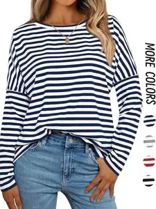 Women's Striped Long Sleeve Round Neck Loose T-Shirt, Casual Fashion Top for Spring & Fall, Comfortable and Stylish Women's Clothing