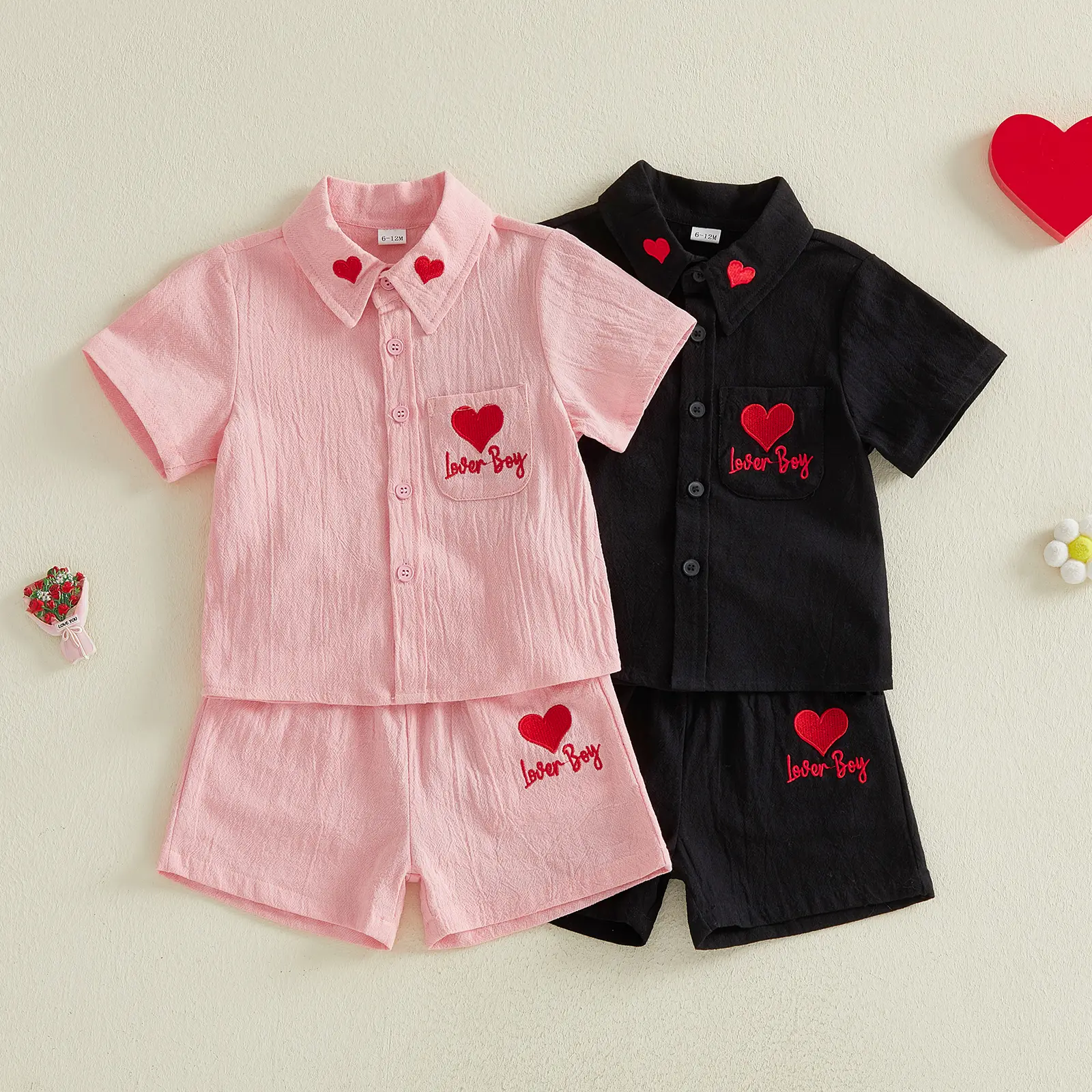 Babamoon Toddler Baby Boy 2-Piece Valentine's Day Casual Set - Short-Sleeve Heart Embroidery Shirt, Elastane Shorts, None-Closure Lover Boy Outfits (Baby Clothing Gift Set)