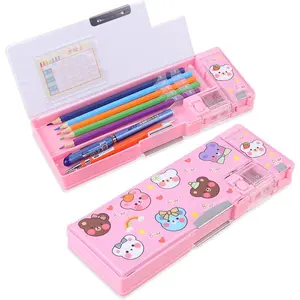 Pop Up Multifunction Pencil Case for Girls and Boys, Cute Cartoon Pen Box Organizer Stationery with Sharpener, Schedule, School Supplies, Best Birthday Gifts for Kids[Pink-Bear]