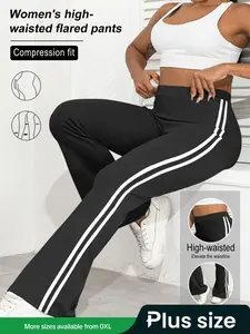 Women's Plus Size High Waist Flare Pants, Casual Side Stripe Design, Comfortable Elastic Fabric, Perfect for Daily Wear