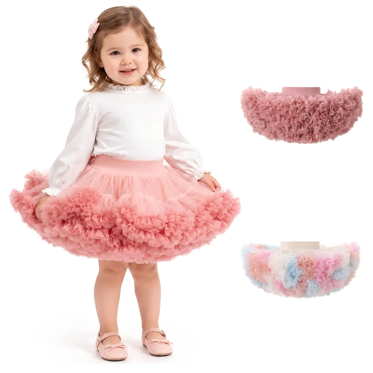 Girls' Tulle Tutu Skirt - Toddler Fluffy Princess Ballet Ruffle Mesh Dress-Up Skirt, 1-8 Years Pastel Pink Rainbow Puffy Outfit for Birthday Party, Cake Smash, 3 Colors Dance Recital Holiday Gift
