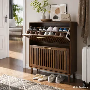 31.5-in Walnut Fence Wooden Legs Shoe Cabinet - Rustic Farmhouse Home Decor, Medieval Modern Cupboard with 2 Flip Drawers, Wavy Groove, Simple Setup, Ideal for Corridors, Entrances, Rustic Farmhouse Decor