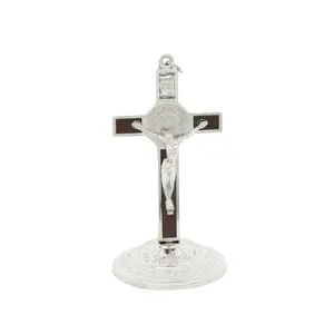 Saint Benedict Cross with Base, 3.5 Inch Catholic Tabletop Cross, Gold and Silver Plated Zinc Alloy with Wooden Inlay Design, Religious Decor for Home Prayer and Baptism Gift