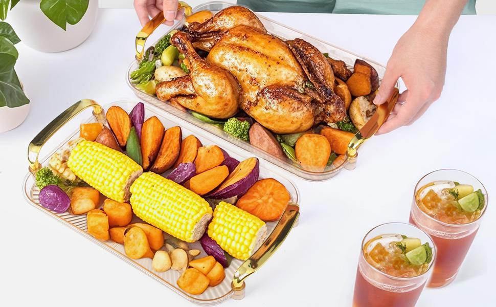 3 Pack Serving Tray with Handles, Stackable Reusable Trays for Serving Food, Plastic Serving Platters for Party, Charcuterie, Fruit, Appetizer, Cream Gold