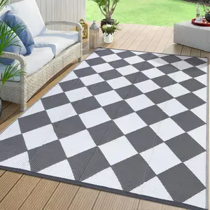 Garvee Large Outdoor Rug 9x18 Patio Rug Lightweight Waterproof Plastic Straw Mat, Reversible and Foldable for Camping, Backyard, Porch, Picnic, RV, Poolside, Beach - Checkered Grey