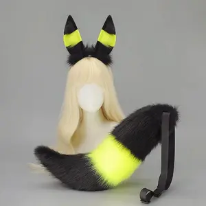 Kawaii Black Yellow Moon Cloth Headband Furry Tail Set Anime Cosplay Helloween Fox Ears and Tail Accessories for Girls Unisex