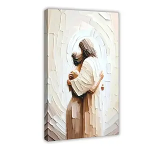 Jesus Embracing Woman Canvas Wall Art - Waterproof Wood Framed Christian Faith Print, Kitchen Decoration for Church, Bedroom or Prayer Room Home Decor Real Touch Artificial Rose Bouquet