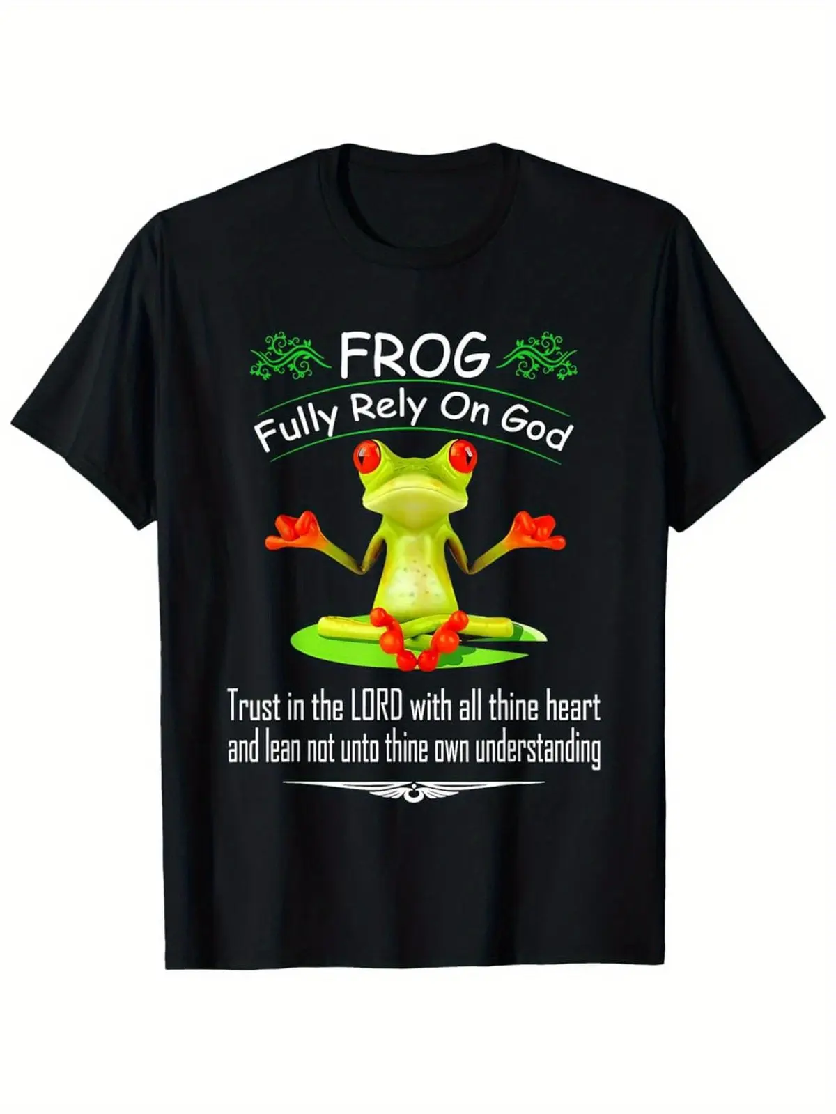 Men's Vintage Frog Faith-Based T-Shirt "Frog Fully Rely On God" Religious Graphic Tee Black with Green Frog Design All-Season Casual & Volleyball Shirt for Christian Men Faith Expression Apparel