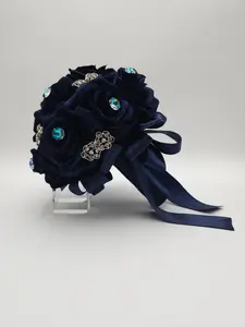 Luxury Custom Navy Blue Quinceañera Bouquet – Handmade Satin Rose Ramo with Crystal Brooches & Rhinestones, Royal Elegant XV Bouquet