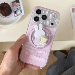 Kawaii Miffy Rabbit Magnetic Phone Case for iPhone 16 Pro 17 15 14 13 17 Pro Max Cover With Magsafe Rotate Stand Shockproof Case