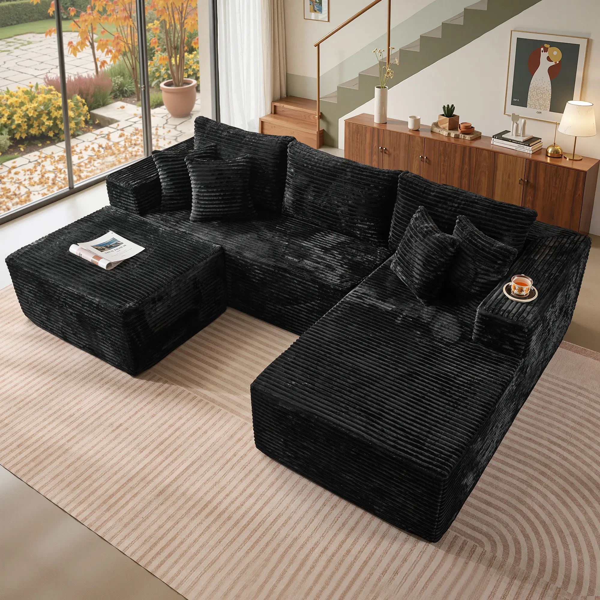 108” Black L Shape Right Chaise With Ottoman