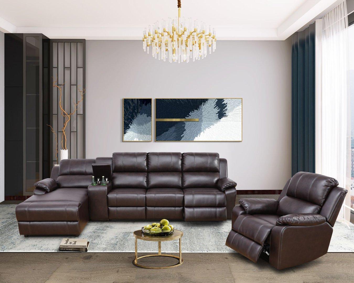 Brown Breathing Leather 4-Piece Living Room Recliner Sofa Set