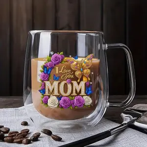 "i Love You Mom" Mother's Day Double Wall Glass Coffee Mug, Sparkling Flowers & Butterfly Design, Stylish Coffee Mugs, Insulated Clear Tumbler, Reusable Cup for Mom
