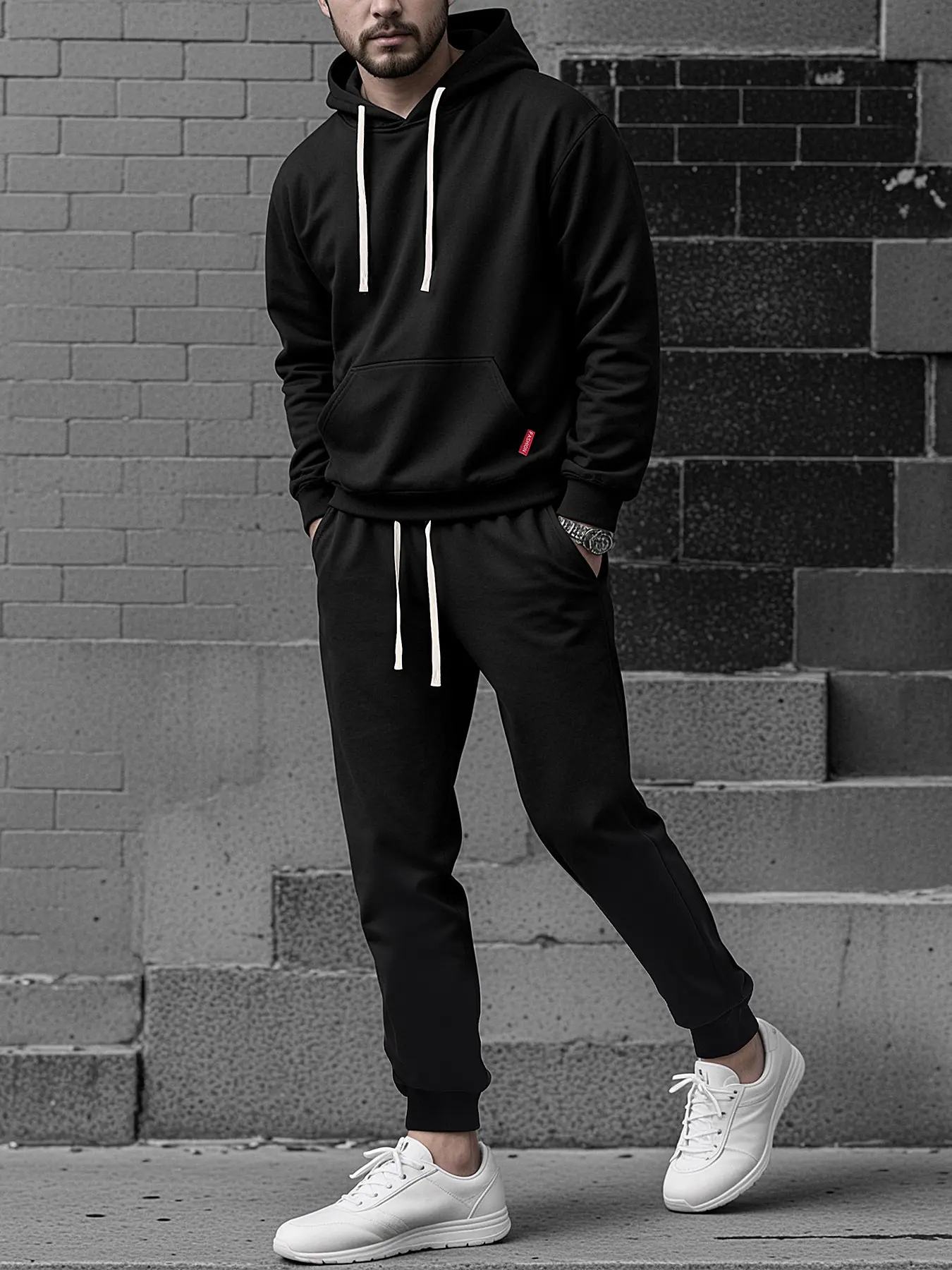 Men's Casual Drawstring Outdoor Sport Pants Set with Hooded Sweatshirt, Solid Color, Ideal for Hiking and Outdoor Activities