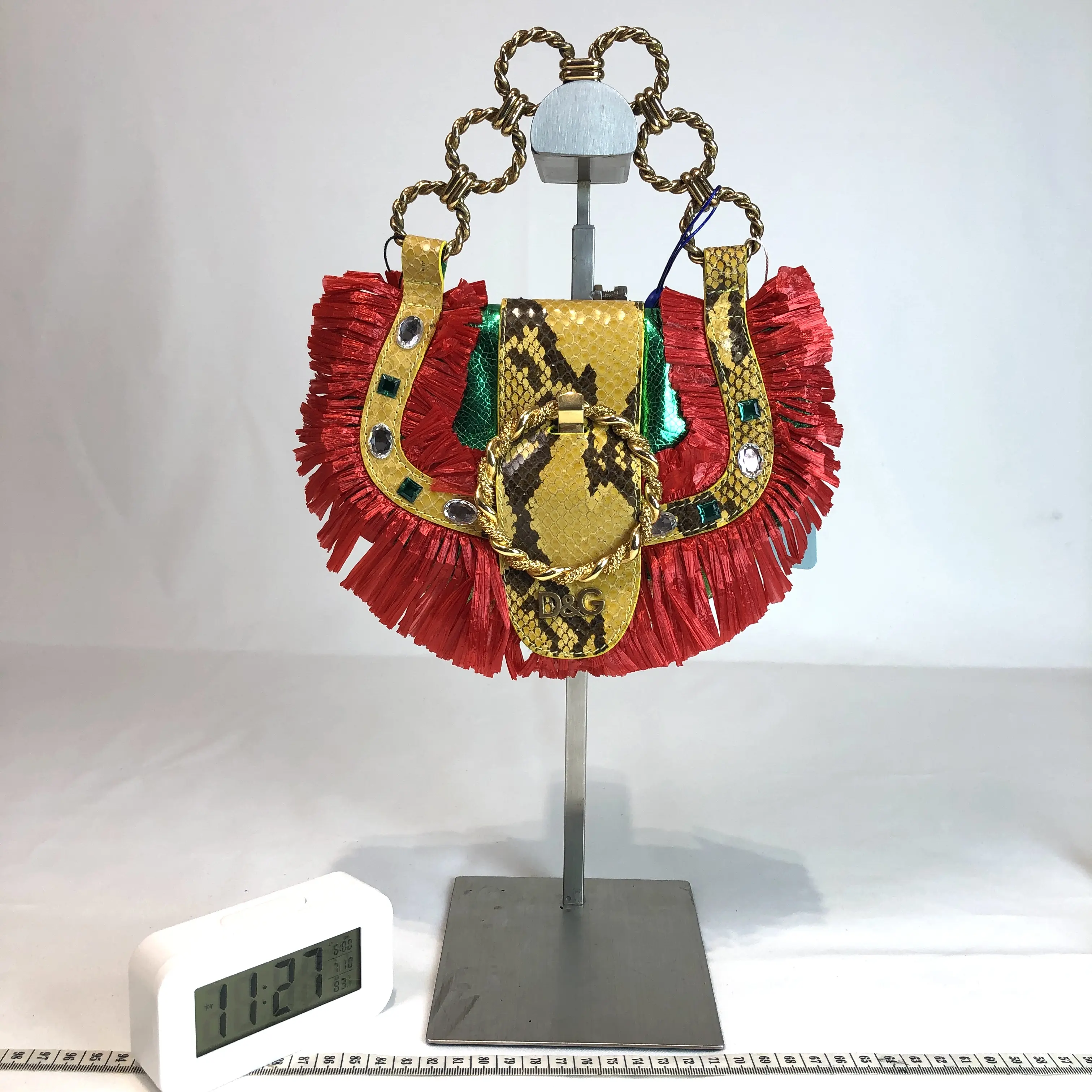 Pre-owned DOLCE & GABBANA leather Shoulder Bags Snake Print Red Raffia Tassel Crystal Embellished Handbag 001399