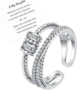 Anxiety Ring for Daughter, Fidget Ring for Daughter from Mom to My Daughter Cubic Zirconia Adjustable Thumb Stress Anxiety Relief Ring for Women Teens Girls with Beads Spinner