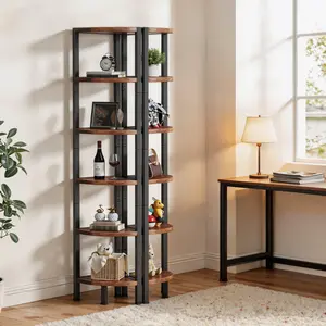 Flycity 6-layer 67.7"semi-circular wall-mounted corner shelf with light strips, corner bookshelf with LED lights, Corner Ladder Shelves with Metal Frame, Multipurpose Tall Corner Bookshelf Bedroom, Living Room, Office, Kitchen, Rustic Brown