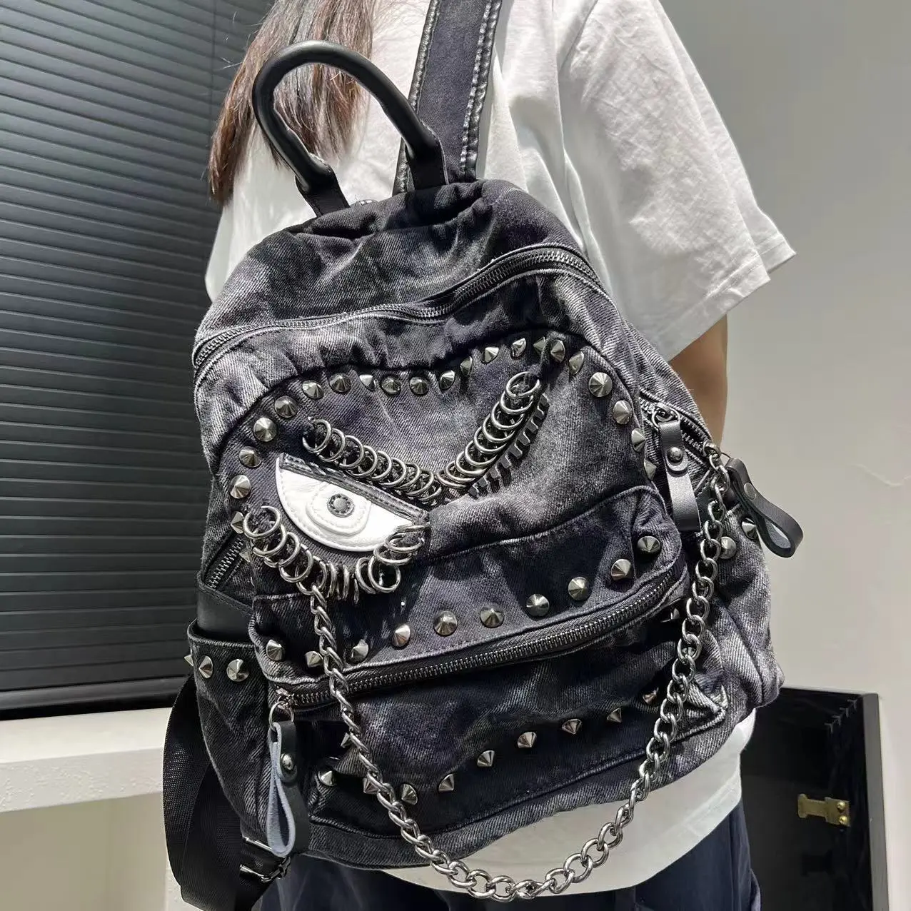 black rivet leather backpack Pu Fashion Designer Black Casual Backpack UTO Women Backpack Purse Vegan